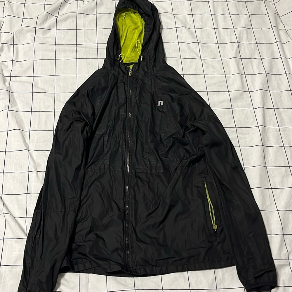 Russel Men's Extra Large (46-48) Solid Black and Neon Long Sleeve Windbreaker